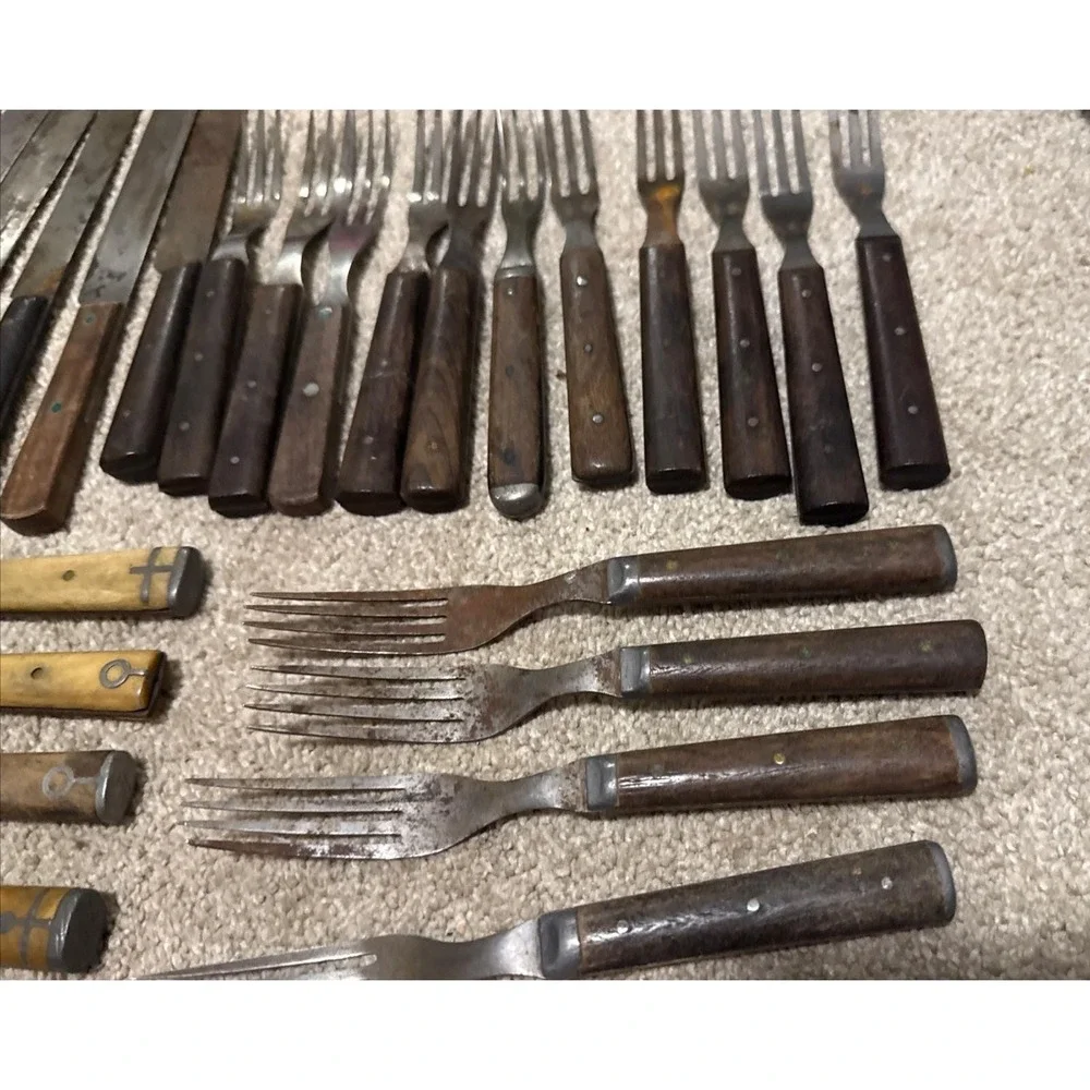 Antique 28 Forks Knives Civil War 1800s Wood Bone Handles Primitive Reenactment